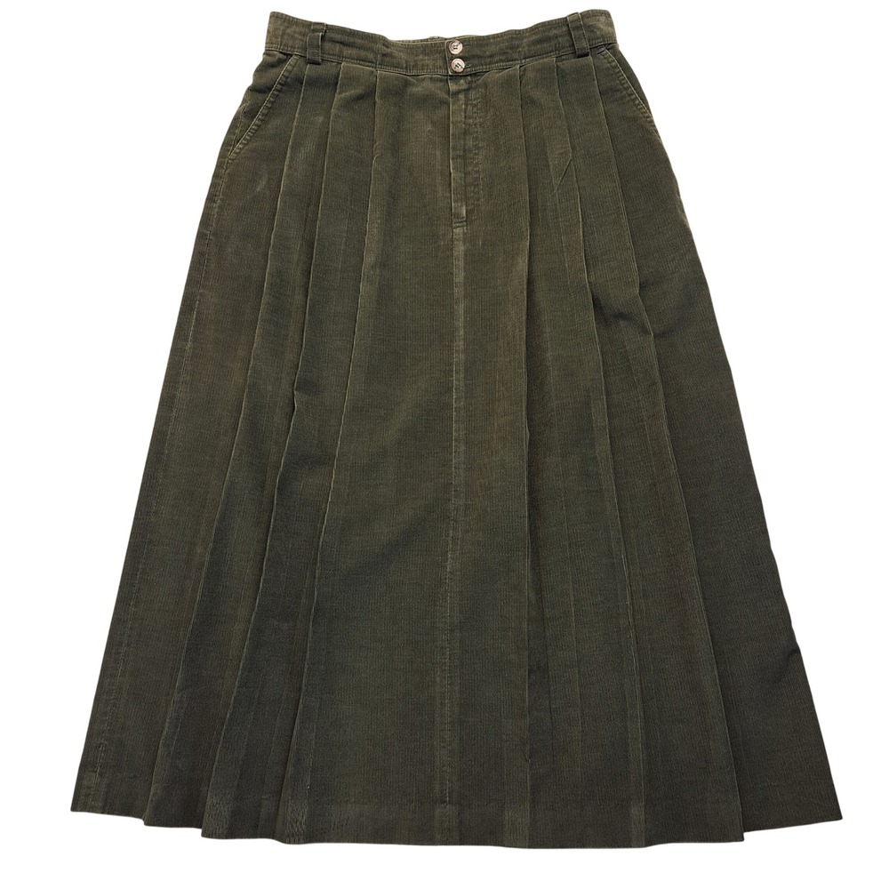 L.L. Bean Corduroy Skirt Womens 16 Olive Green Excellent Pleated Midi USA Made